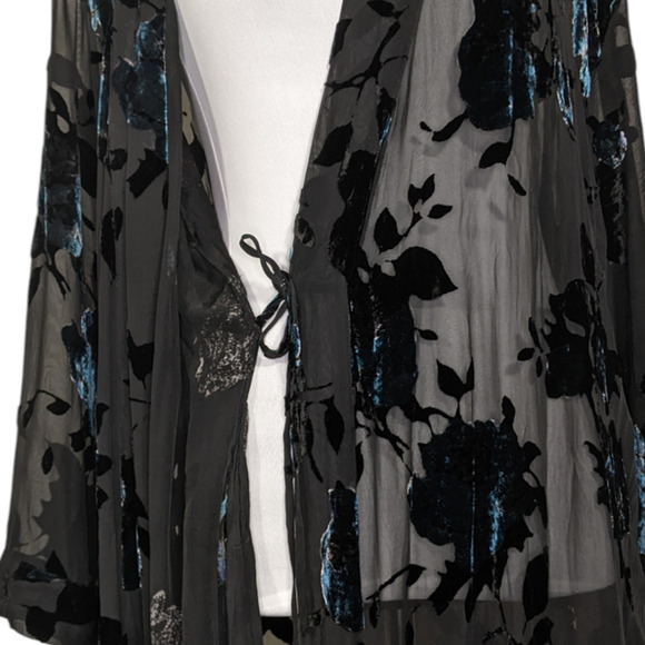 VTG Lasoie Silk Blend Semi Sheer Robe Black w Floral Velvet Romantic Goth OS - Picture 4 of 10